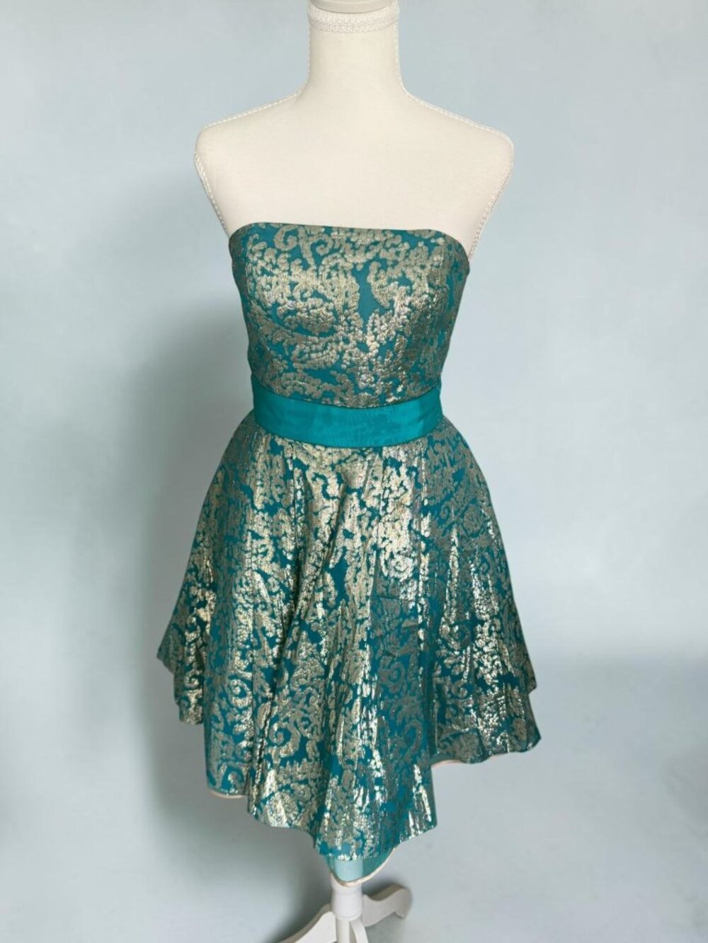BETSEY JOHNSON Vintage Metallic Teal Gold Strapless Dress Size 4